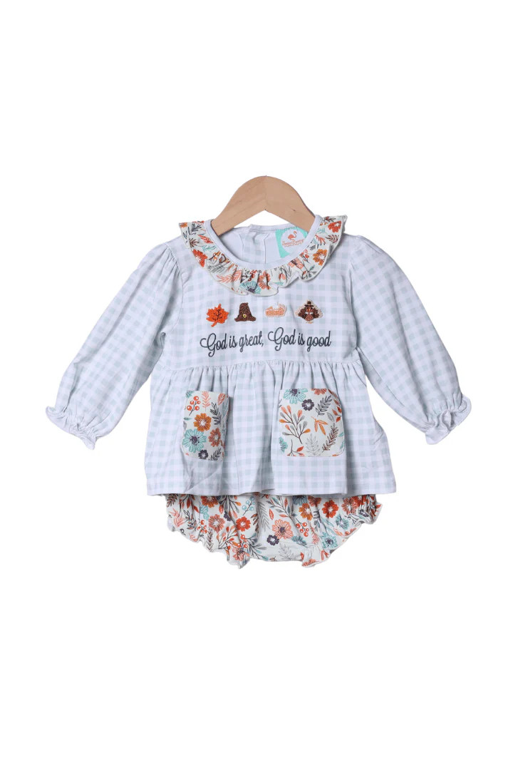 French Knot God is Great, God is Good Floral Bloomer Set | The Smocked Flamingo