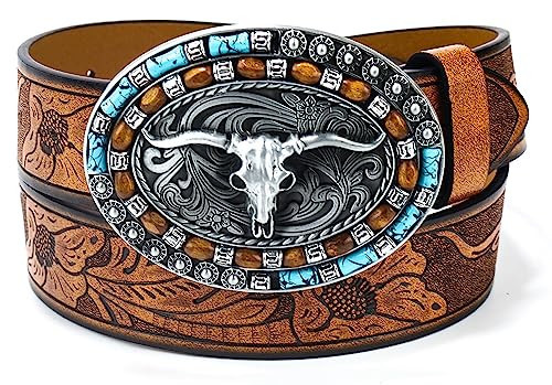 FGSS Western-Cowboy-Leather-Belts for Women Turquoise-Oval-Buckle Embossed Cowgirl Belt for Jeans Pants | Amazon (US)