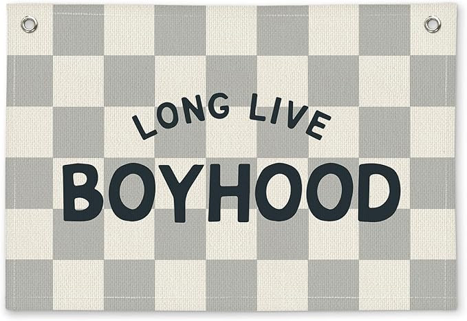 Long Live Boyhood Grey Checkered Boys Room Decor - Linen Banner Wall Hanging Canvas Banner Flag D... | Amazon (US)