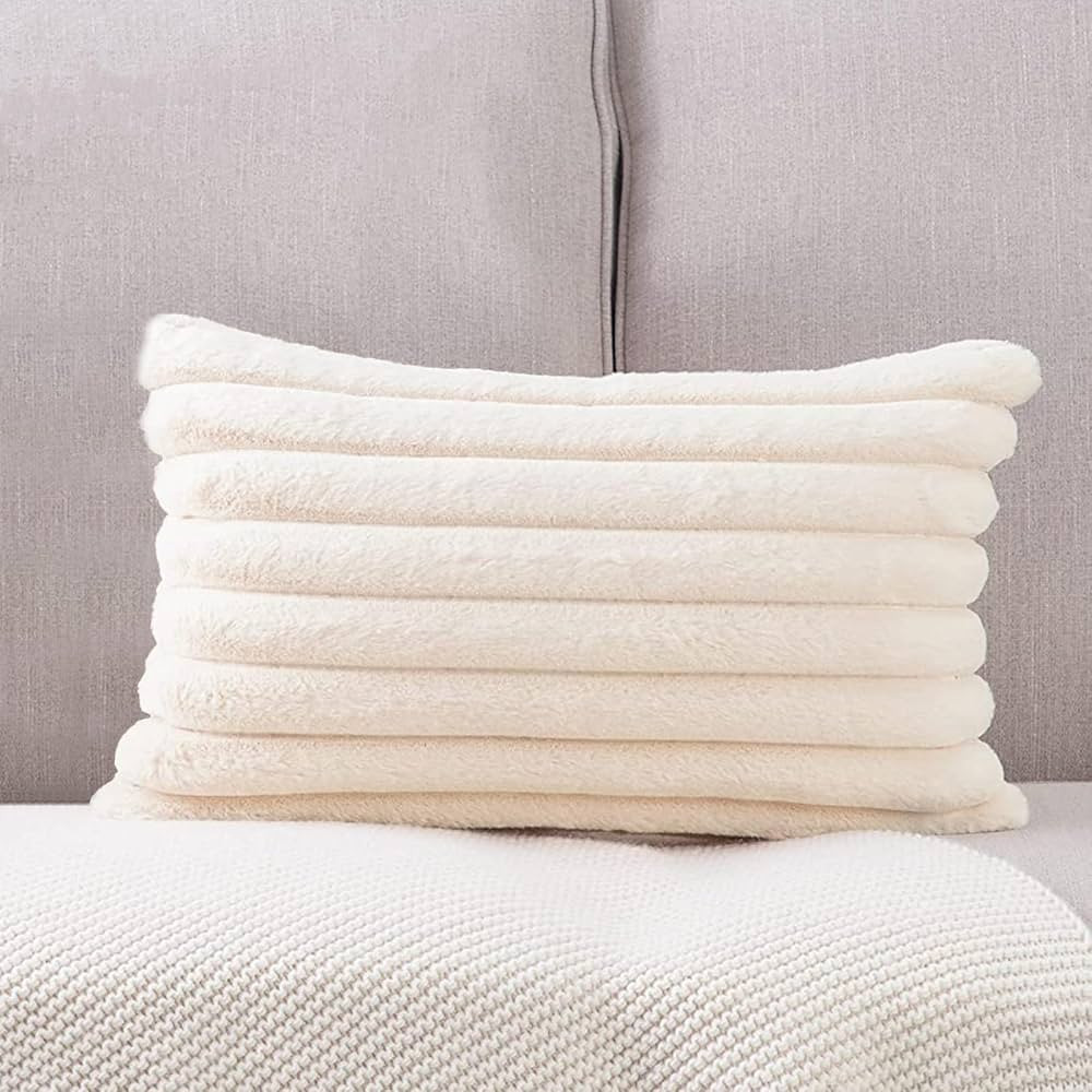 JoraLion Faux Fur Lumbar Pillow Cover 12 x 24 inch, Cream White Horizontal Soft Decorative Lumbar... | Amazon (US)