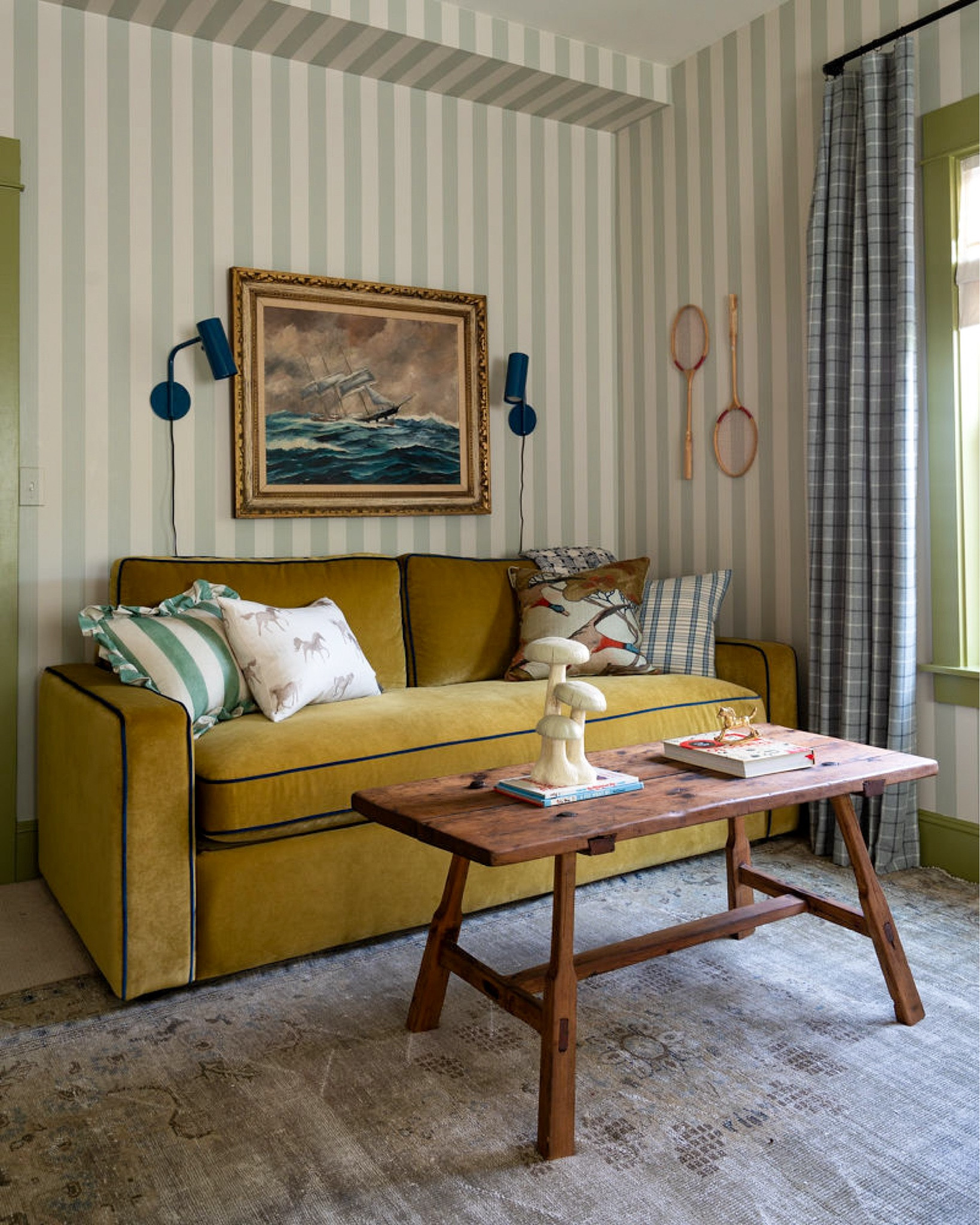 A playroom that's as cozy as it is colorful!

Beautiful and colorful sleeper sofa—comfy seating by day, perfect for guests by night. The contrast piping adds a fun touch that completes the playroom. 

Details:
Interior Defjne James Sleeper Sofa in Chartreuse with Royal contrast piping 

#LTKHome