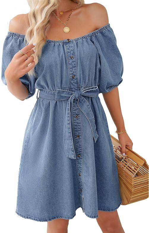 luvamia Denim Dress for Women Off The Shoulder Dresses Puff Sleeve Elastic Waist A Line Short Wes... | Amazon (US)