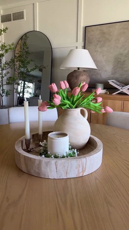 Spring centerpiece with my fav faux tulips - I have these in multiple colors, they’re really great quality!