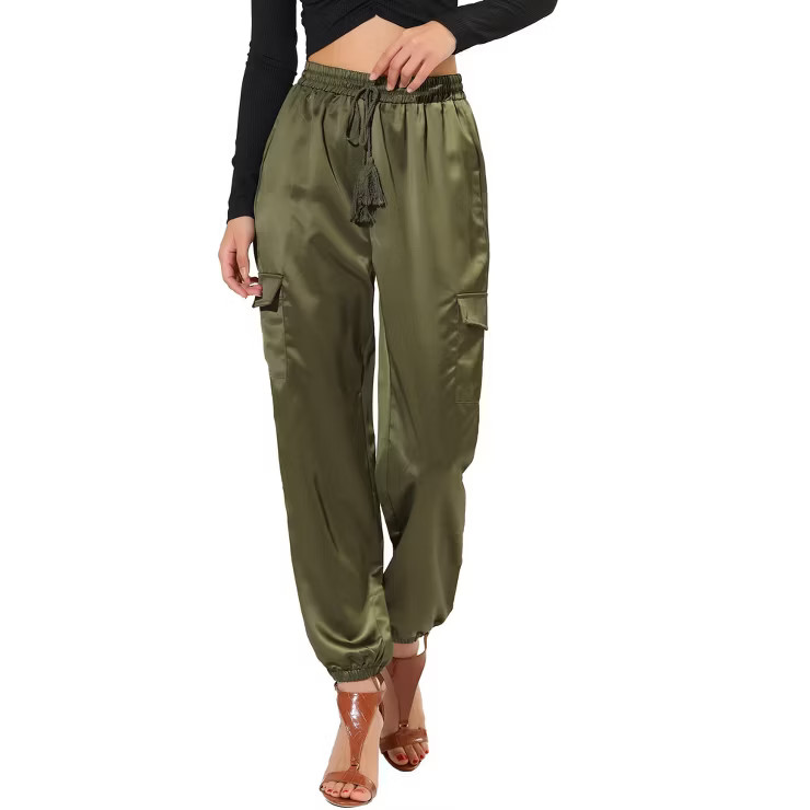 Allegra K Women's Drawstring Elastic High Rise Silky Satin Cargo Solid Pants | Target