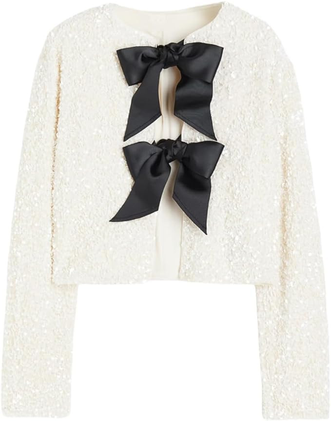 Women's Sequin Jacket Long Sleeve Tie Front Bow Glitter Cropped Tops | Amazon (US)