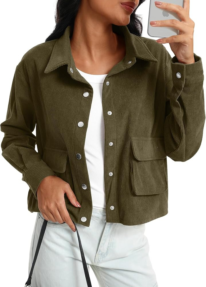 Beaully Womens Fashion Cropped Corduroy Shackets Button Down Jackets Tops Fall Trendy Long Sleeve... | Amazon (US)