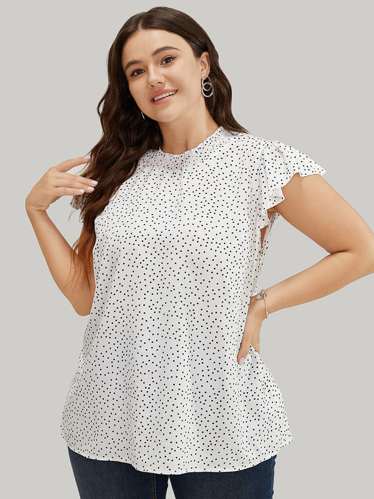 Polka Dot Shirred Mock Neck Cap Sleeve Blouse | Bloomchic
