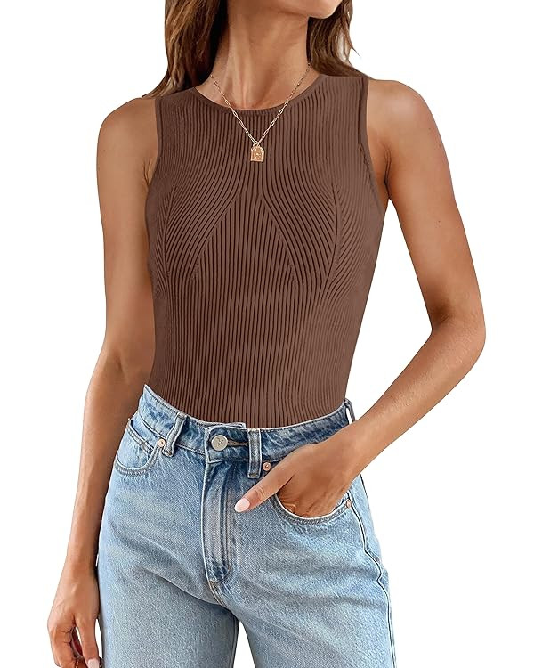 ZESICA Womens Ribbed Tank Tops 2024 Summer Sleeveless High Neck Casual Slim Fitted Basic Knit Shi... | Amazon (US)