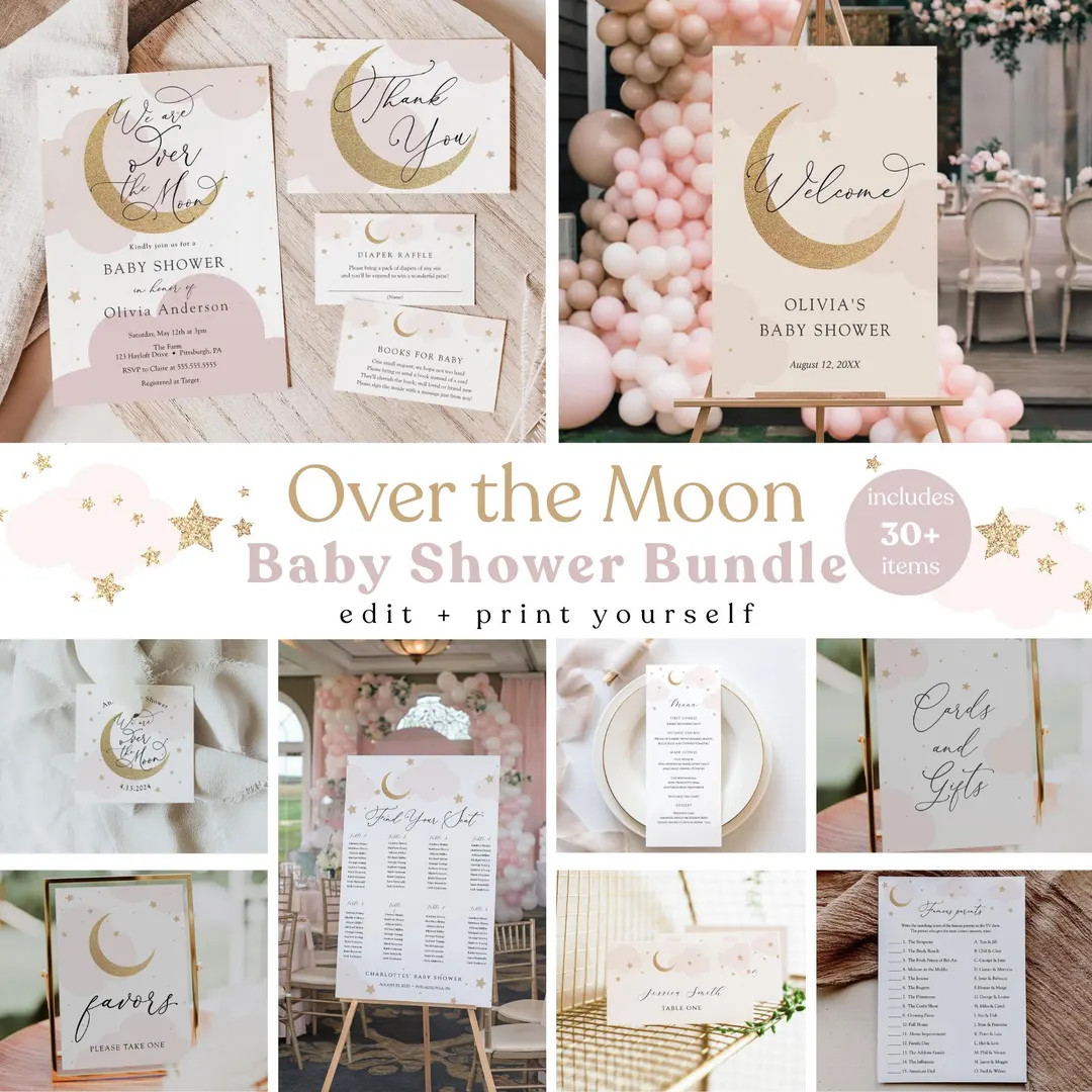 Over the Moon Baby Shower Printable Bundle | Pink and Gold Stars | Editable Invitations, Signs & ... | Etsy (US)