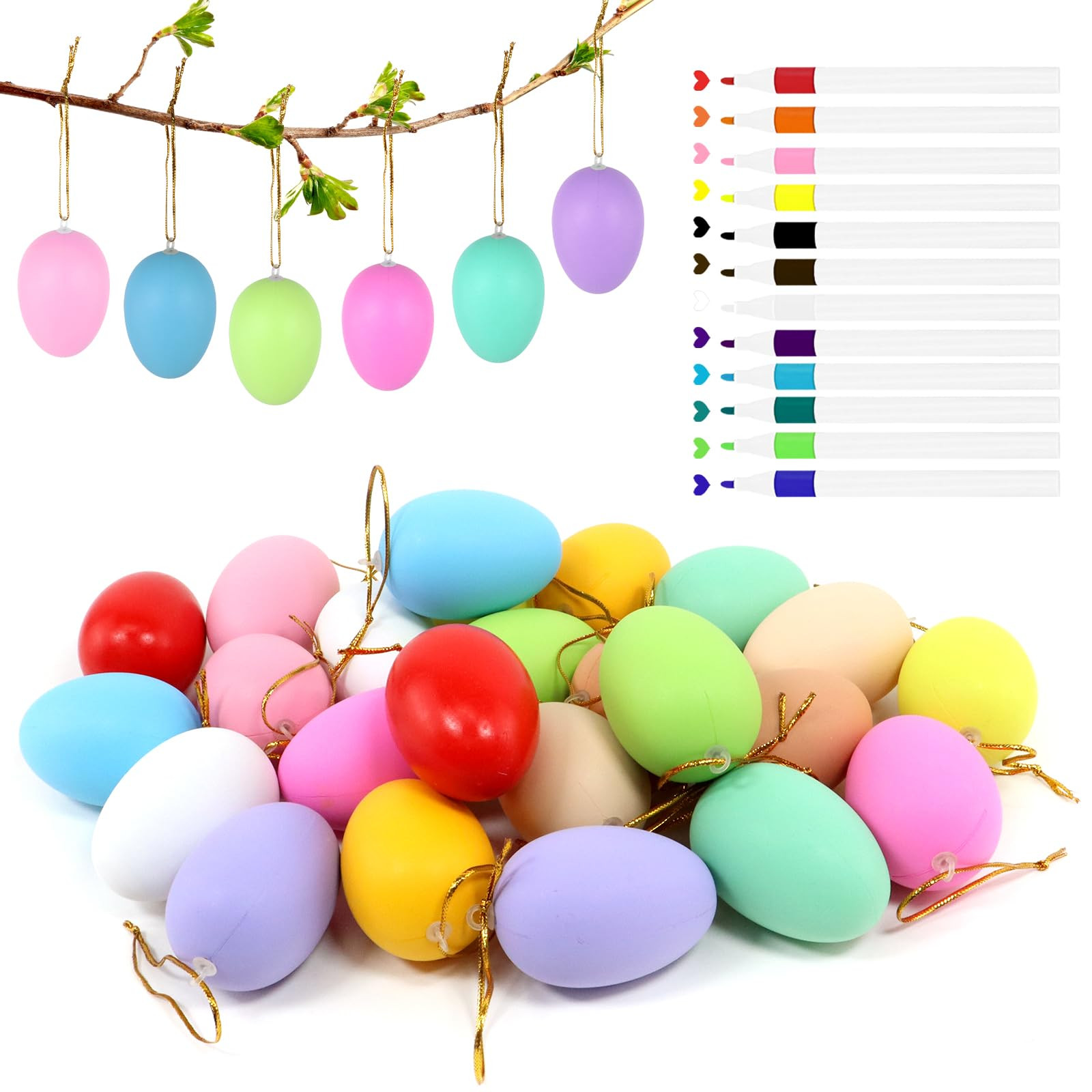 24 Stück Ostereier zum Aufhängen, mellystore Bunte Plastik Eier Ostern, Eier Ostern Deko, Plast... | Amazon (DE)