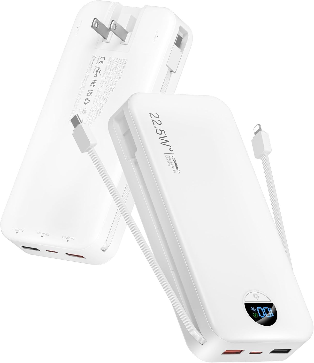 Portable Charger 20000mAh PD20W w/Built-in Cables & Wall Plug White | Amazon (US)