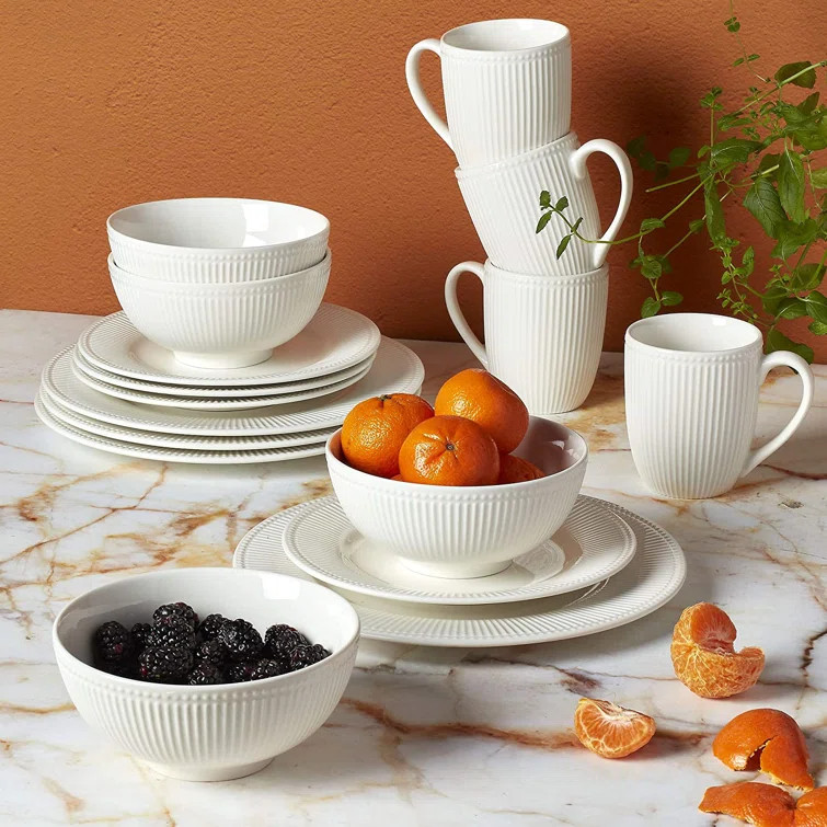 Tabletops Gallery Fluer 16 Piece Dinnerware Set Embossed Bone White Porcelain(Dinner Plate, Salad... | Wayfair North America