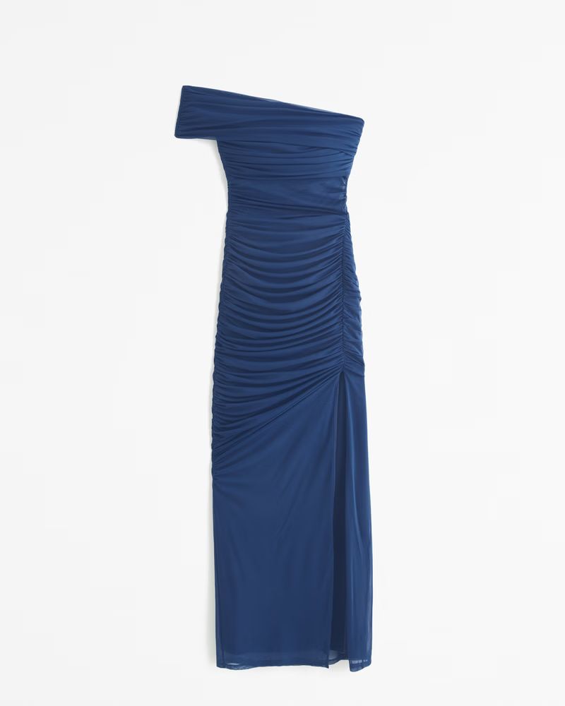 Mesh Asymmetrical Off-The-Shoulder Draped Maxi Dress | Blue Wedding Guest Dress | Abercrombie & Fitch (US)