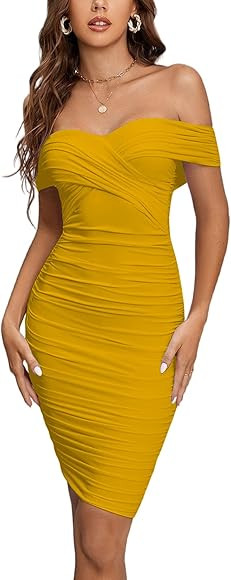 Rooscier Women's Ruched V Neck Off Shoulder Bodycon Sexy Party Club Midi Dress | Amazon (US)