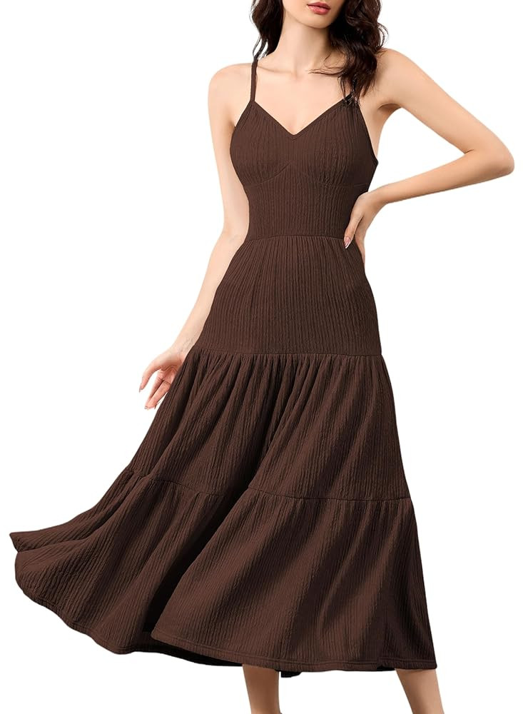 Women's Spaghetti Strap V Neck Dress Tiered Pleated Casual Beach Sundress | Amazon (US)