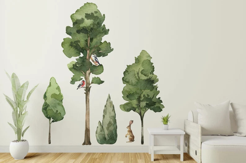 Big Trees Wall Stickers, Animals, Large Tree Wall Stickers, Forest Wall Decals, Watercolor Decals... | Etsy (US)