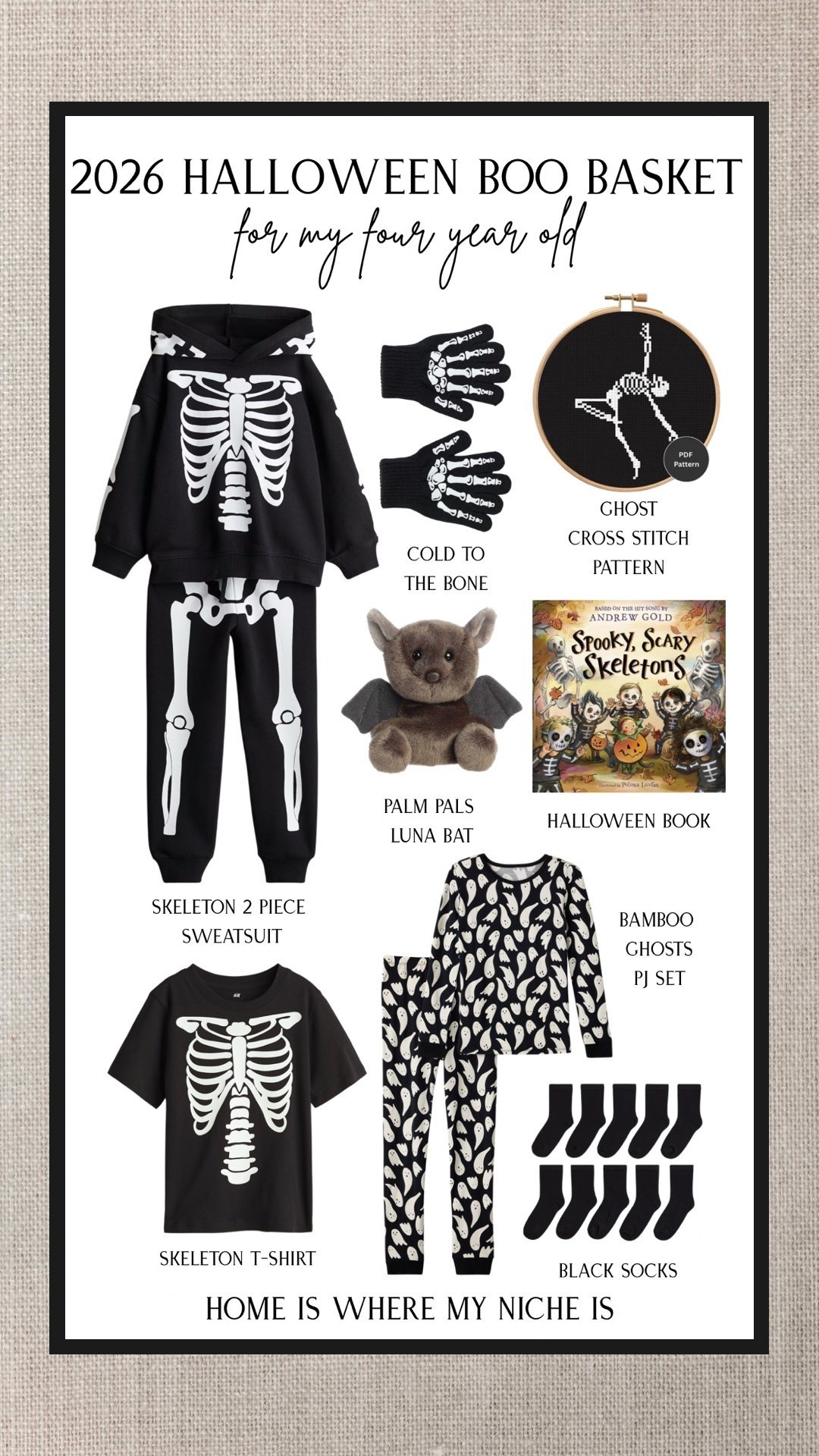 Carter’s 2026 Halloween boo basket is officially complete 👻

This one is basically all of his favourite spooky things wrapped into one basket. Skeletons, cozy ghost PJs, a little bat friend, a Halloween book and a handmade cross stitch from mom 🖤

Everything pictured is linked here on LTK!

2026 halloween boo basket | halloween gifts for boys | toddler halloween | boo basket ideas | halloween pajamas | kids halloween outfit | halloween books | palm pals

#LTKcanada #LTKfall #LTKkids
