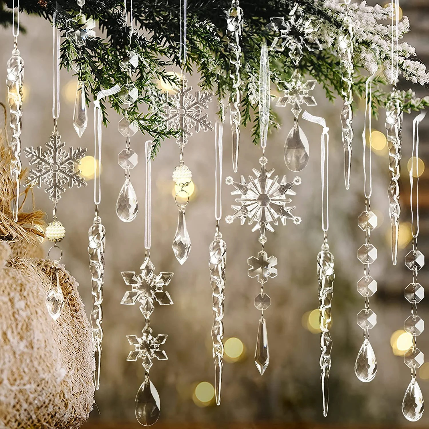20 pcs Christmas Tree Decoration Crystal Ornaments - Hanging Acrylic Christmas Snowflake Icicle D... | Walmart (US)
