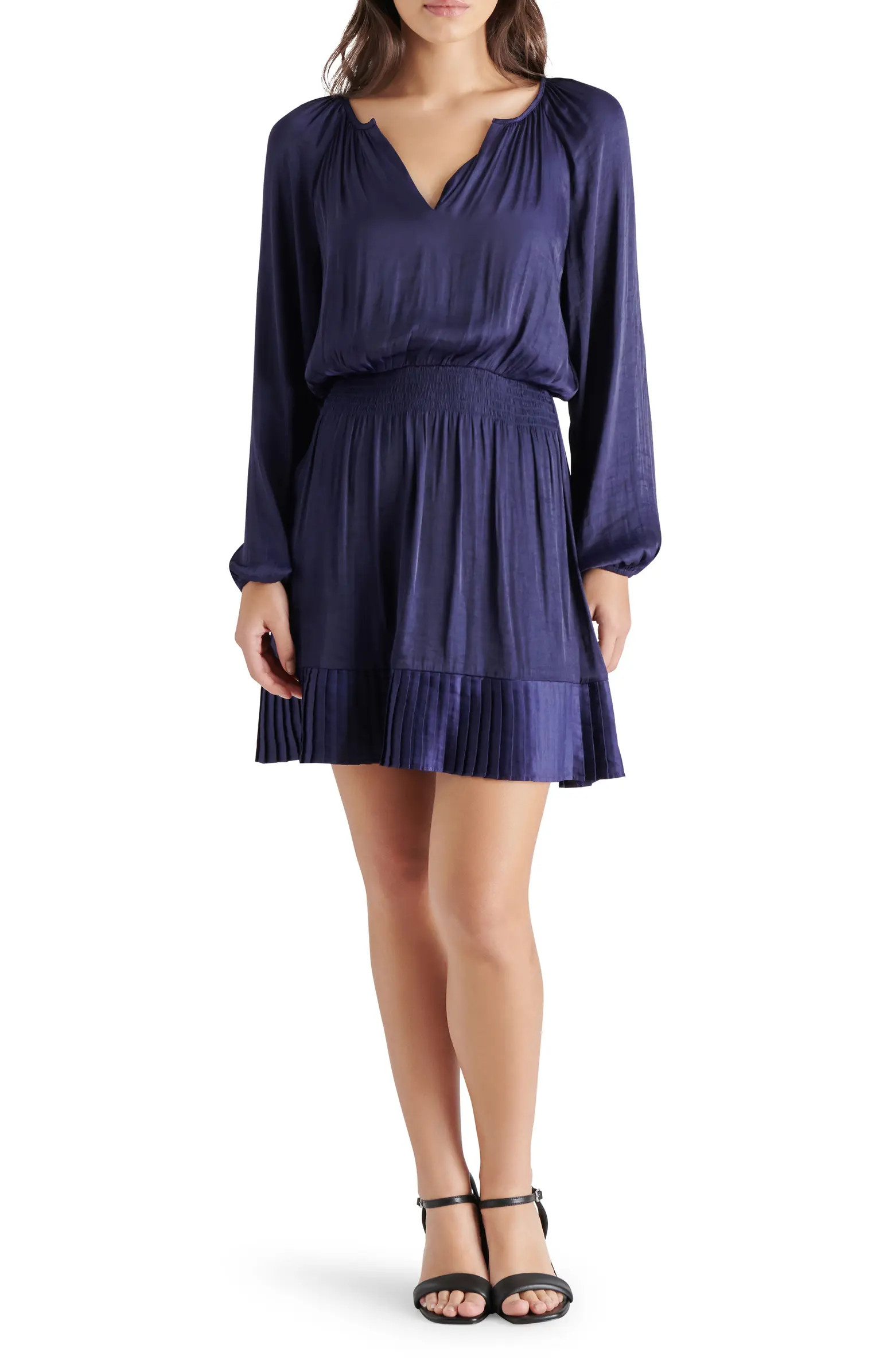 Steve Madden Adoria Pleated Split Neck Long Sleeve Satin Dress | Nordstrom | Nordstrom
