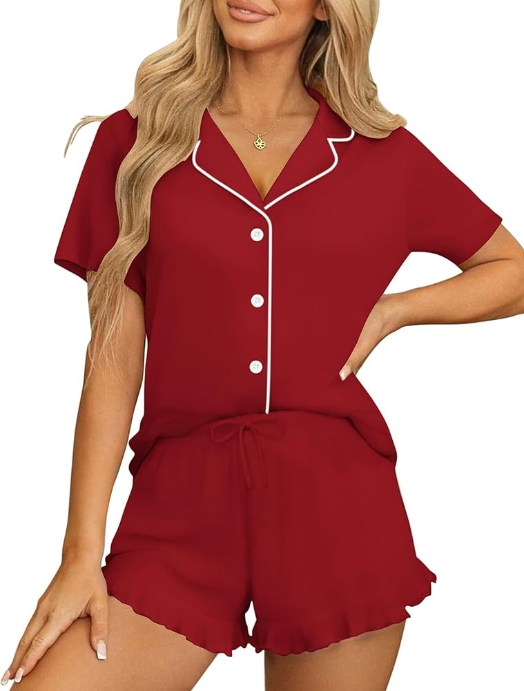 Ekouaer Womens Pajama Sets Button Down Short Sleeve Top and Shorts Cute Pjs Sets Sleepwear | Amazon (US)