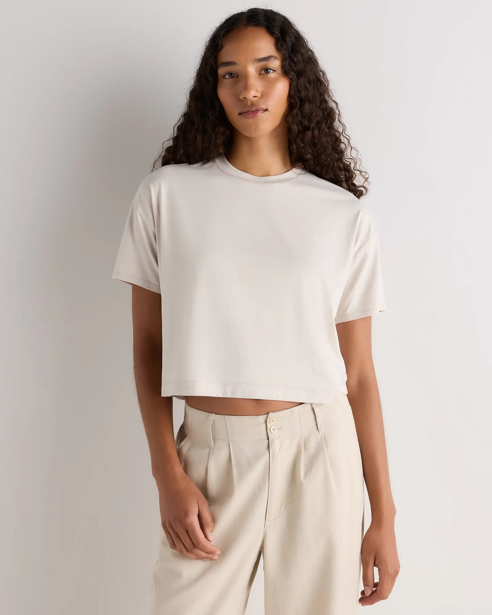 Flowknit Breeze Boxy Cropped Tee in Solid Chalk | Quince
