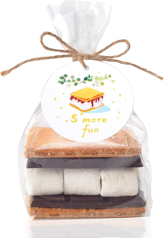 100 pcs S'more fun bags set bottom gusset bags clear cello cellophane with S'mores fun tags and t... | Amazon (US)