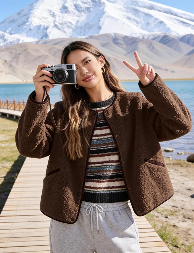 Womens Fleece Jacket Fuzzy Casual Long Sleeve Round Neck Button Down Coat Sherpa Outwear with Poc... | Amazon (US)