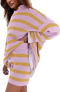 LAMISSCHE Womens Oversized Lounge Sets 2 Piece Outfits Striped Matching Pajama Set Long Sleeve Sw... | Amazon (US)
