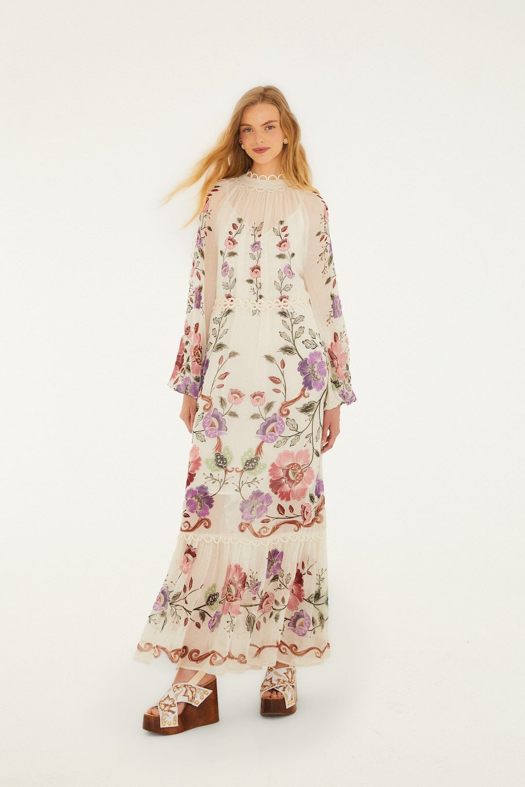 Cream Rococo Flowers Lace Maxi Dress | FARM Rio | FarmRio (US)