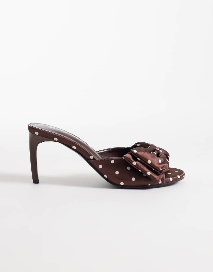 Glamorous mule sandals with bow in brown polka dot satin | ASOS (Global)