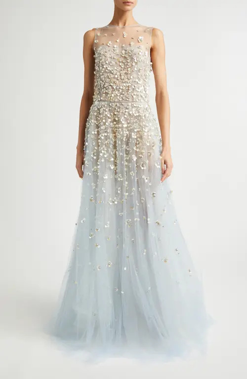 Oscar de la Renta Mother Of Pearl Embroidered Sleeveless Tulle Gown in Sky at Nordstrom, Size 6 | Nordstrom