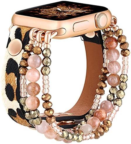 fastgo Leather Leopard Band Compatible with Apple Watch 44mm 42mm 45mm Women Girls, Furry Leopard El | Amazon (US)