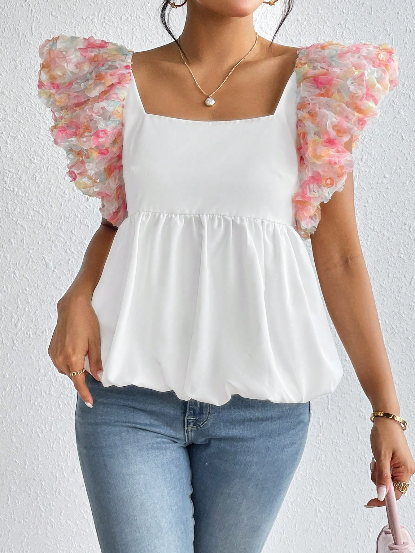 SHEIN Privé Contrast Mesh Ruffle Trim Peplum Blouse | SHEIN