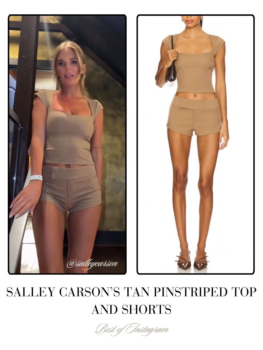 Salley Carson’s Tan Pinstriped Top and Shorts 📸 = @salleycarson 