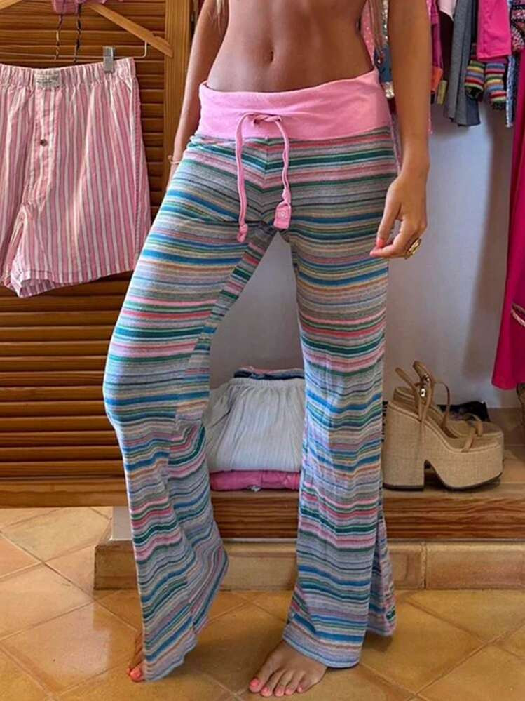 Women Y2K Striped Drawstring Waist Flare Pants Colorful Boho Casual Lounge Trousers | SHEIN
