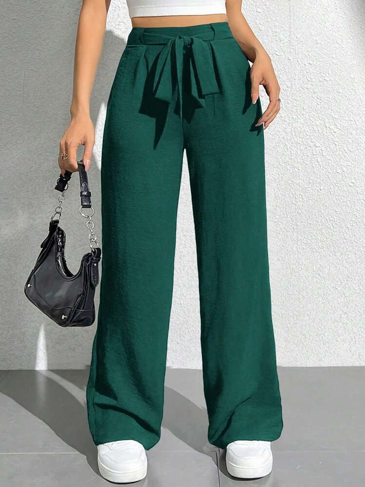 SHEIN PETITE Solid Color Self-Tie Waist Wide Leg Pants | SHEIN