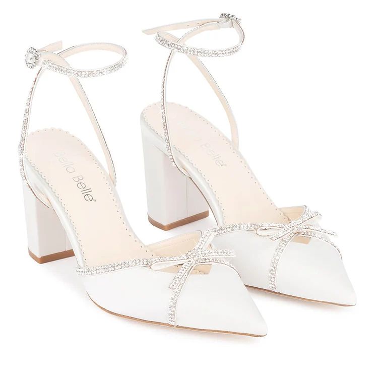 Ivory Bridal Block Heels with Crystal Bows, Trim and Straps | Bella Belle Shoes