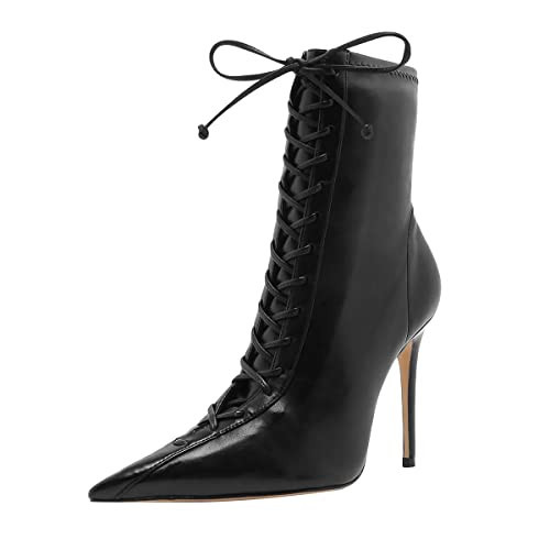 FYS Women Sexy Pointed Toe Stiletto High Heel Lace up Ankle Boots for Ladies Dress Autumn Booties Size 4 Black | Amazon (US)