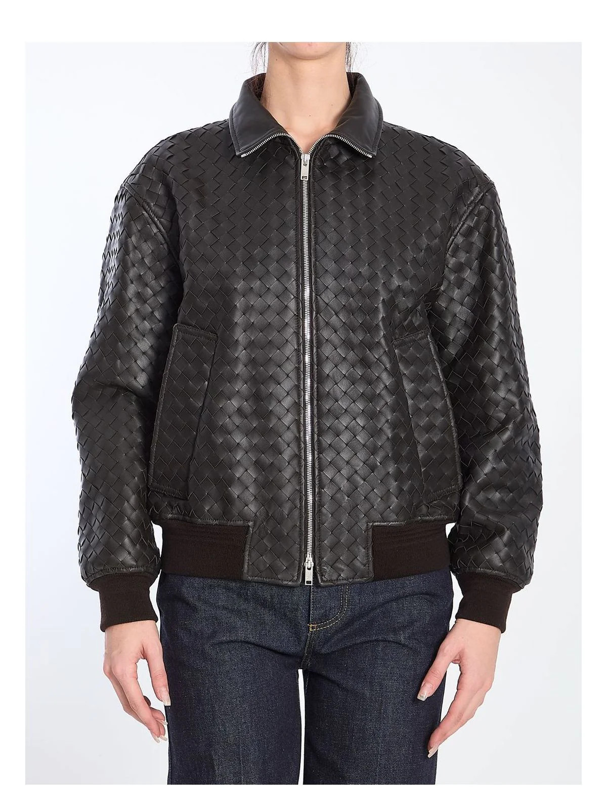 Bottega Veneta Women's Intreccio Motif Bomber Jacket in Brown | Size 40 | 813016V2JG0 | LOZURI