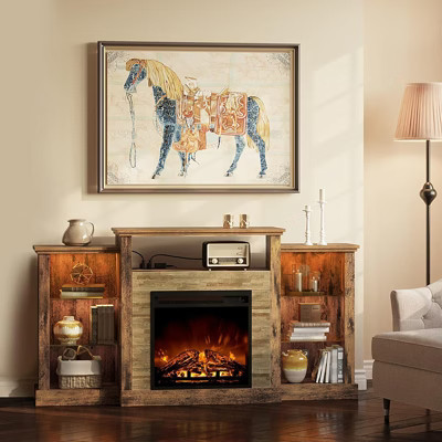 Modern fireplace TV stand with open storage, LED lights and charging sockets, Rustic Brown | Target