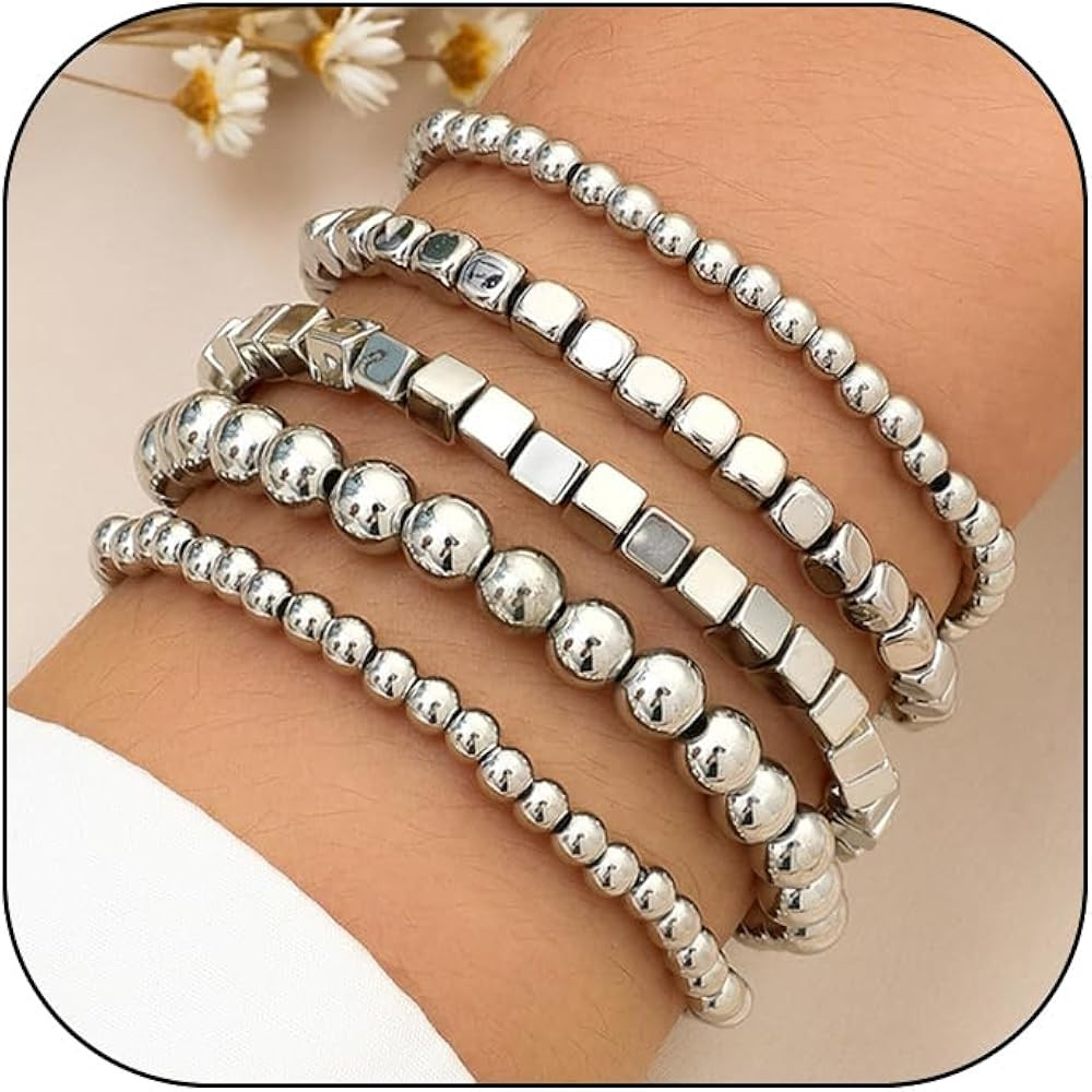 CSIYANJRY99 Silver Beaded Bracelets for Women Stackable Stretch Bead Bracelet Set Beads 14K Gold ... | Amazon (US)