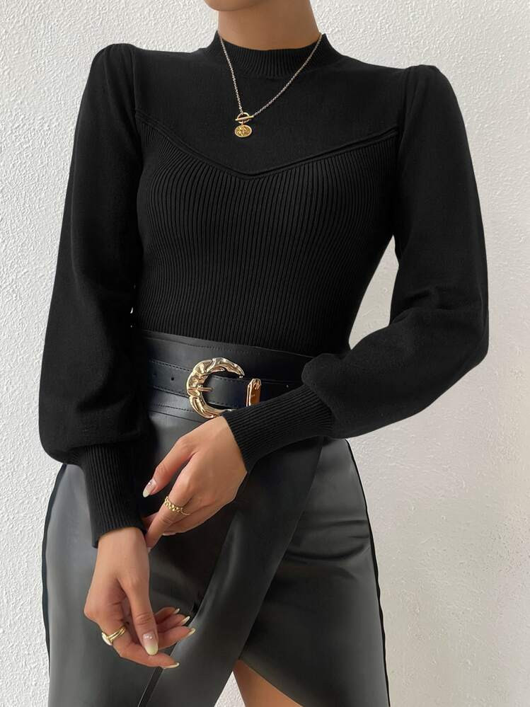 RosyDaze Mock Neck Lantern Sleeve Sweater,Long Sleeve Tops Knit Pullover Fall Winter Outfit | SHEIN