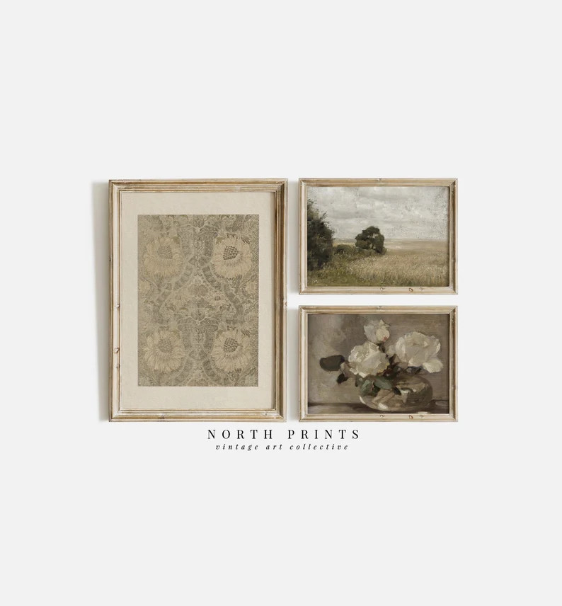 Neutral Farmhouse Print SET of Three | Vintage Muted Sage Green Taupe Wall Decor PRINTABLE | S3-1... | Etsy (US)