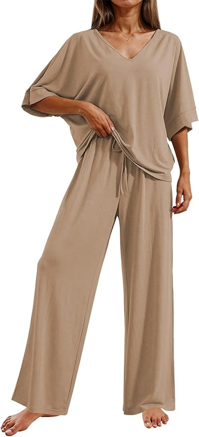 Ekouaer Pajama Sets for Women 2 Piece Lounge Set Short Sleeve Tops and Long Pants Soft Comfy Pjs ... | Amazon (US)