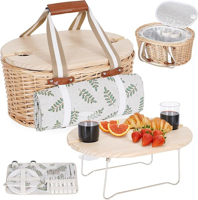 Picnic Basket Set for 2 - Wicker Insulated Picnic Basket with Waterproof Blanket, Folding Wine Pi... | Amazon (US)
