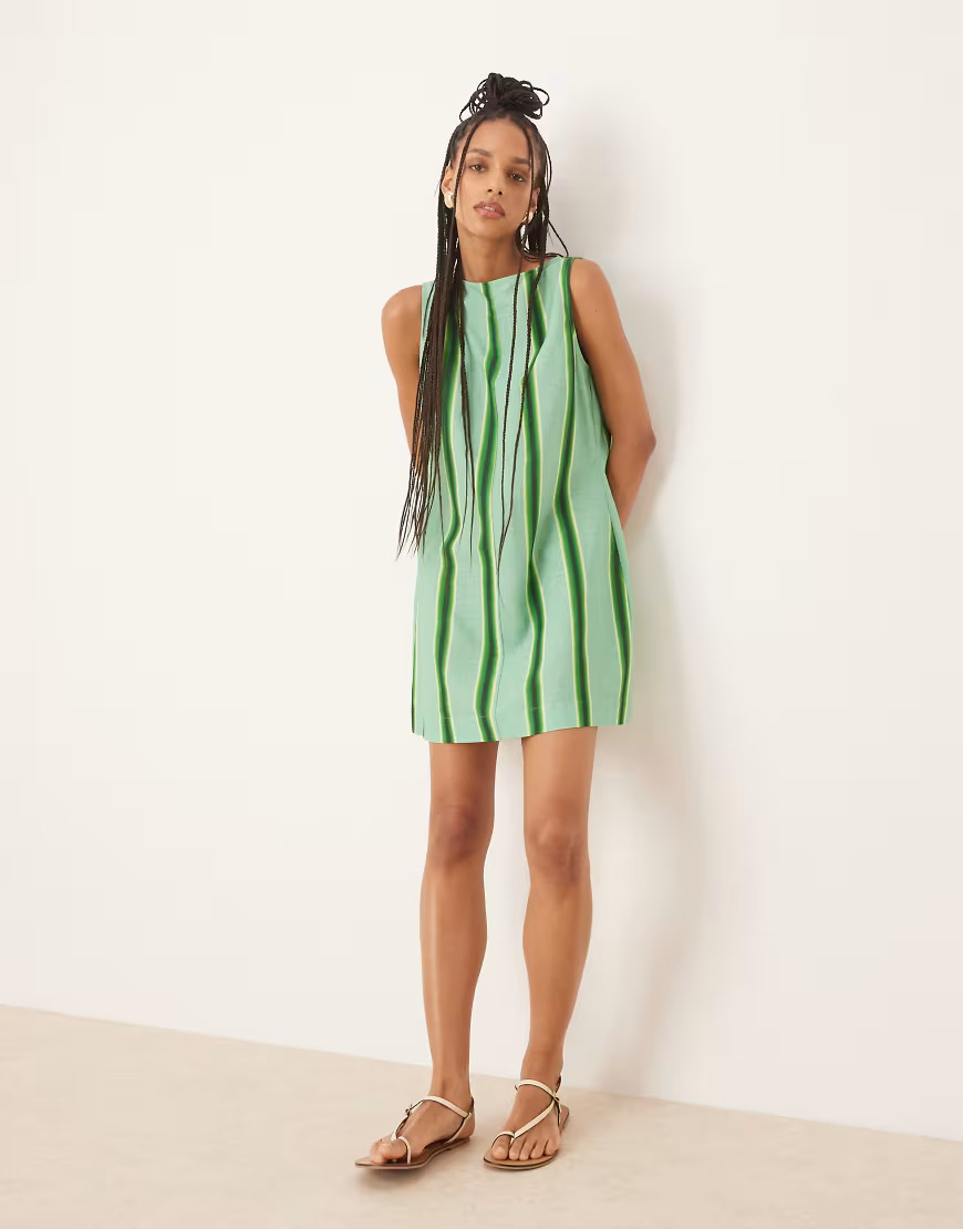ASOS DESIGN slash neck cotton linen look mini shift dress in green stripe | ASOS (Global)
