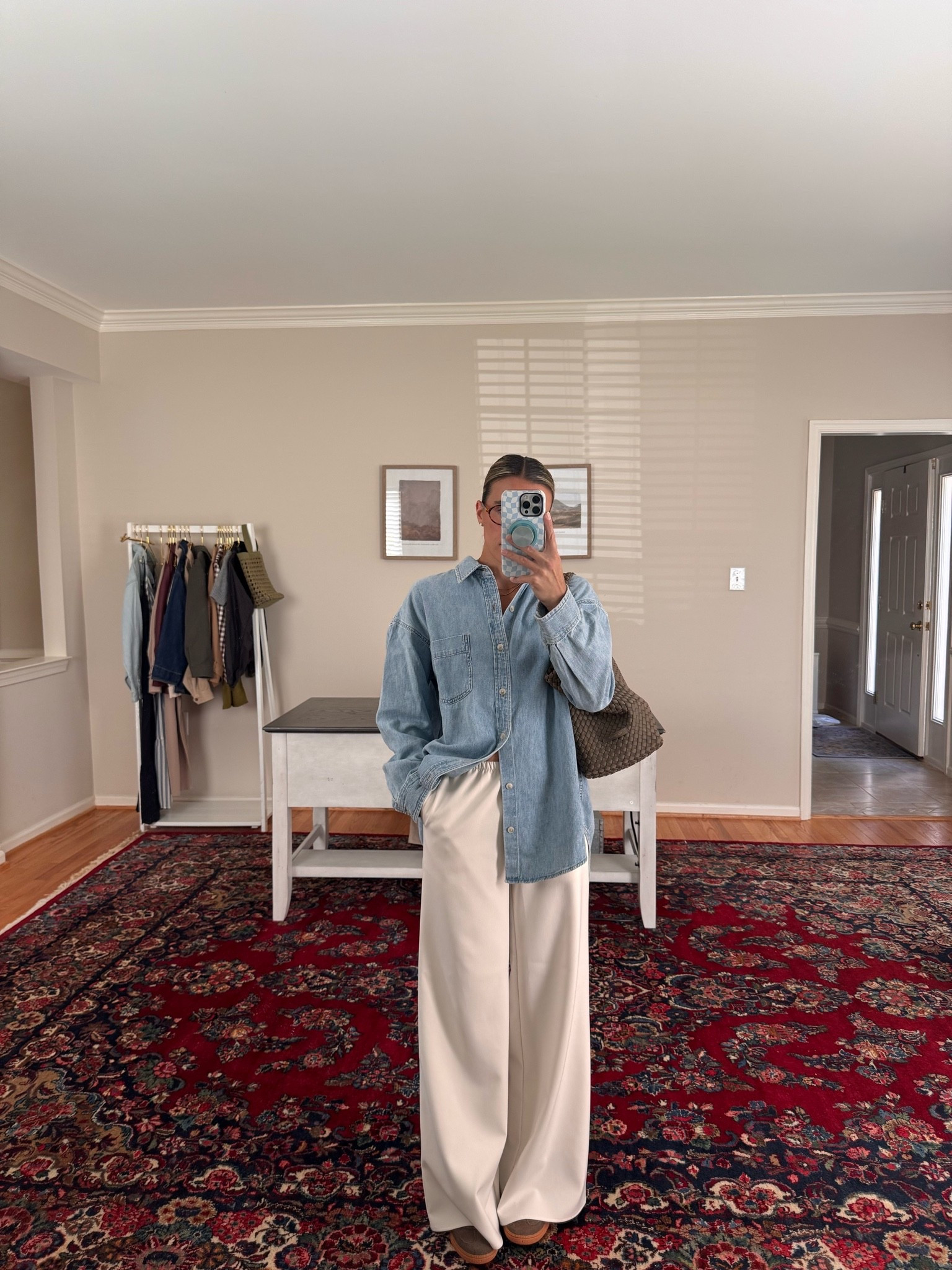 XS pants 
S denim shirt

#LTKmomlife #LTKootd