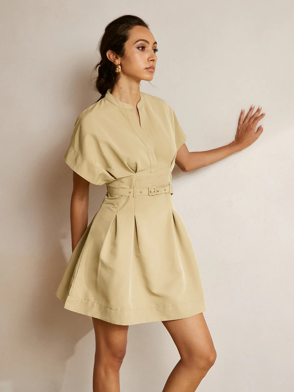 Stand Collar Short Dress With Belt | Commense