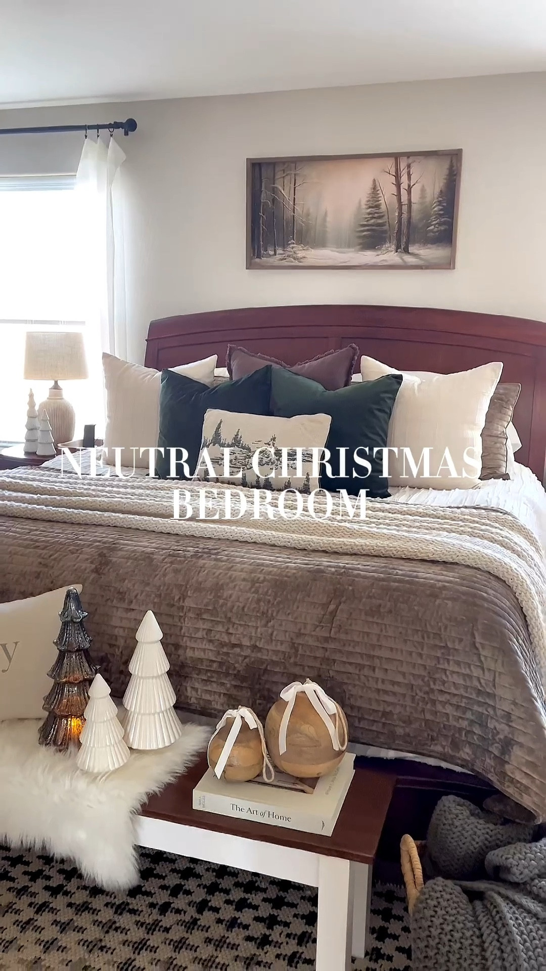 Neutral Christmas bedroom!  Follow @lifeinmyarizonahome on Instagram for more holiday ideas and inspiration. 

My bedroom is all ready for Christmas with these cozy winter vibes.  This beautiful serene snowy forest canvas and snowy winter pillow makes the room so calm and peaceful after a busy day. 

The canvas is in the 20x40 size with the briarsmoke stain. 

#LTKHome #LTKHoliday #LTKSeasonal
