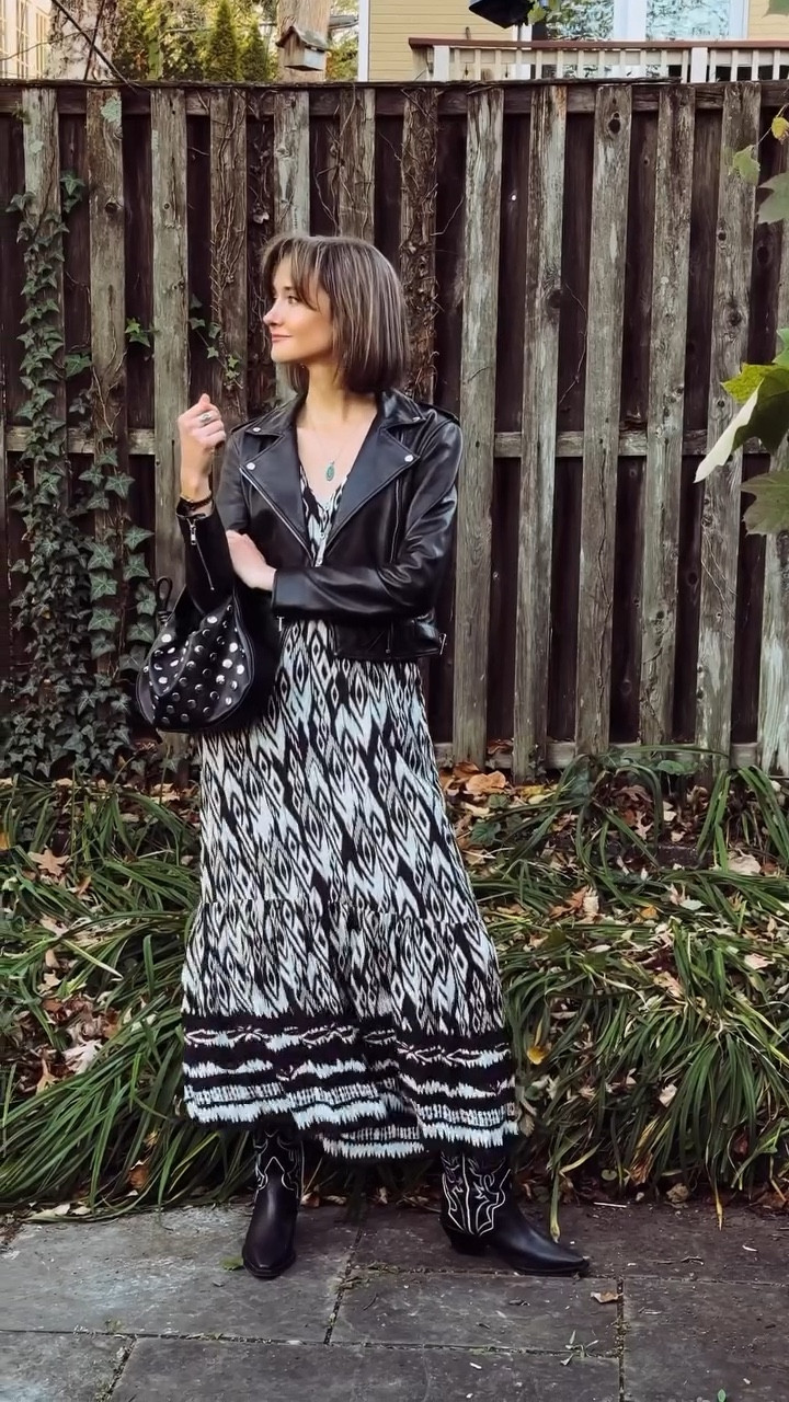 Pretty much all of my favorite things in one outfit — this leather jacket, cowboy boots, studded bag and patterned dress!

#LTKItBag #LTKShoeCrush #LTKSeasonal